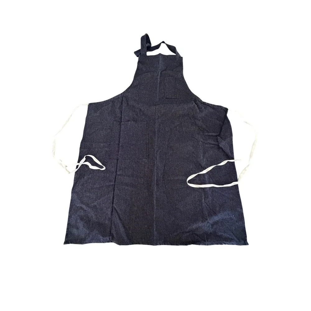 Dark‎ Wash Denim Bib Apron with Pockets & White Tie Straps Utility Cooking Craft